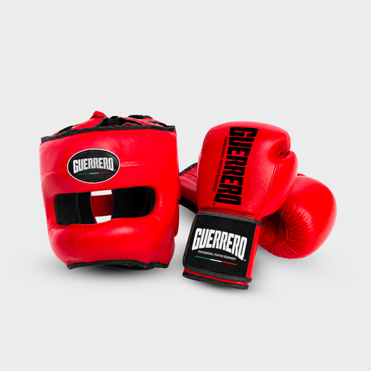 Sparring Kit Guantoni PRO Più Caschetto Max Vision Rosso in vera pelle | Guerrero