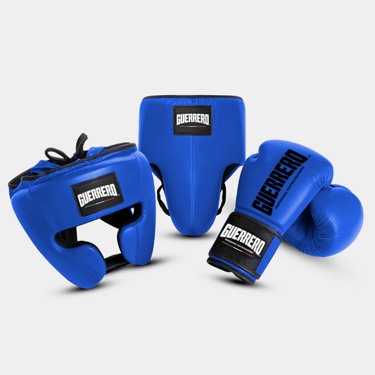 Guantoni Titan Più Caschetto Full Guard E Conchiglia Protettiva Blu in vera pelle | Guerrero