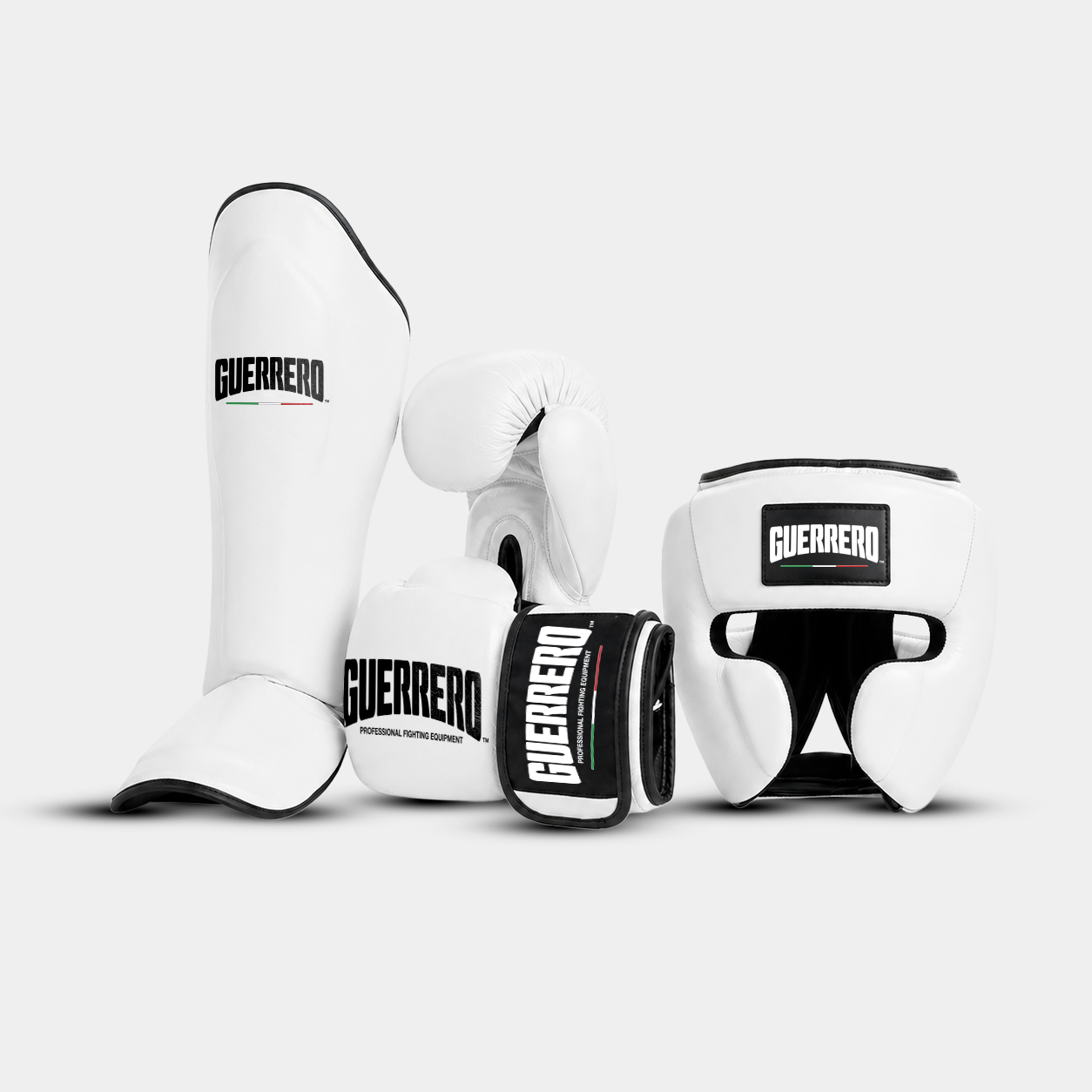 Kit de sparring PRO: guantes, protector de cabeza Full Guard y espinilleras Impact en cuero genuino blanco | Guerrero