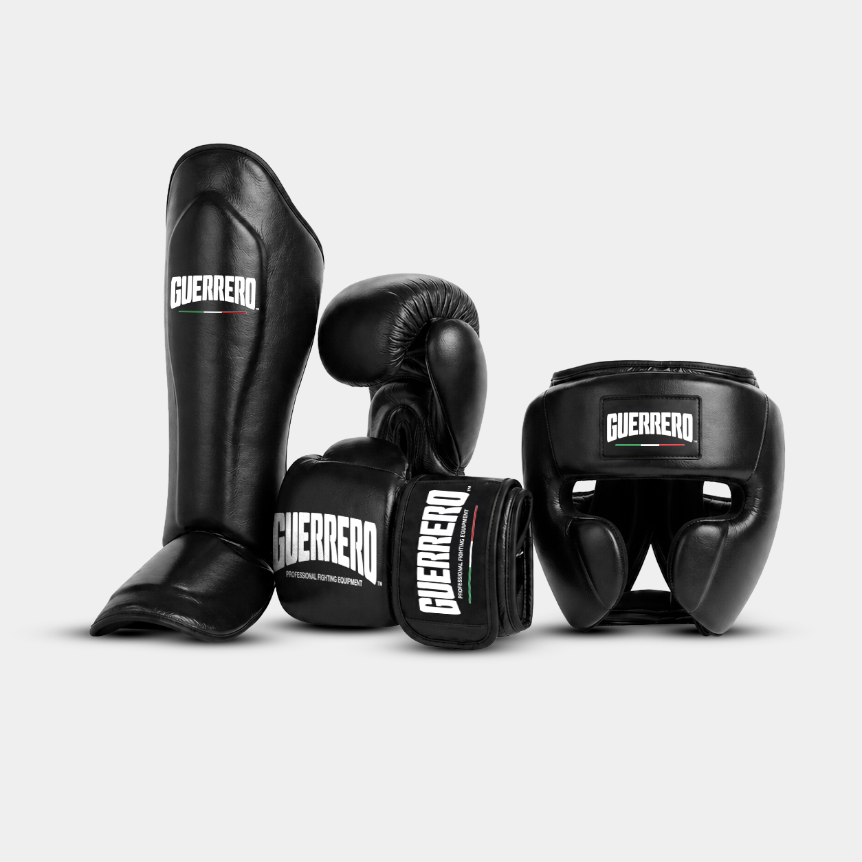 Sparring Kit PRO Handschuhe plus Vollschutz-Kopfschutz und Aufprall-Schienbeinschutz aus schwarzem Echtleder | Guerrero