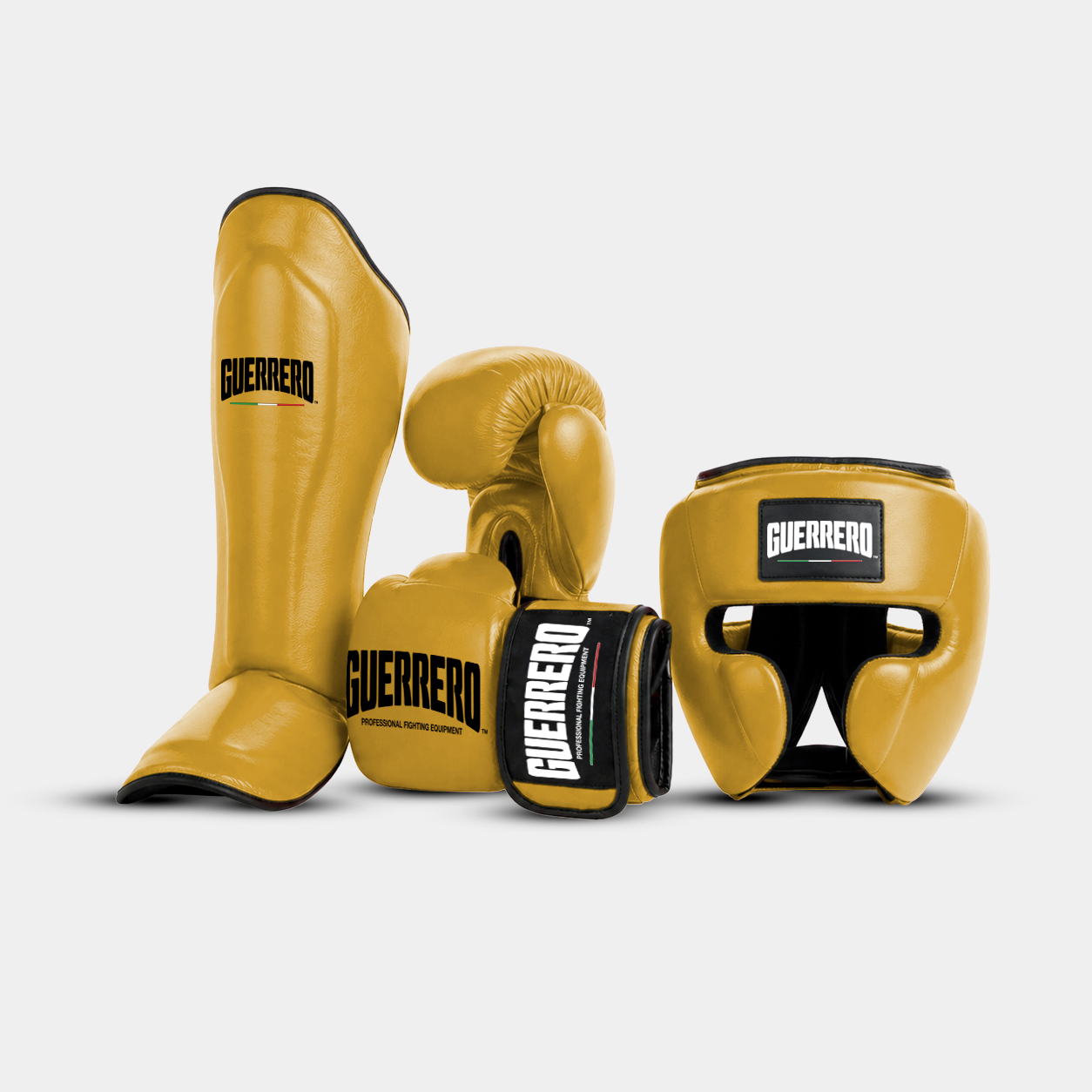 Kit d'entraînement Sparring Kit PRO : Gants, casque intégral et protège-tibias Impact Gold en cuir véritable | Guerrero