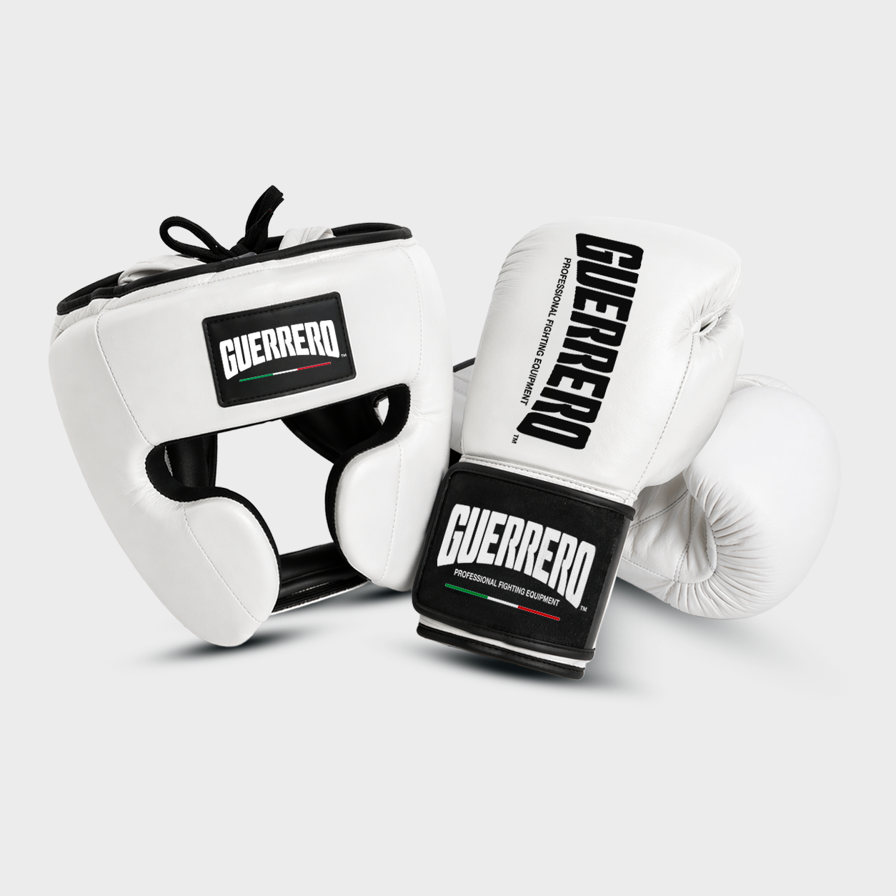 Kit de sparring PRO: guantes y protector de cabeza Full Guard blancos de cuero genuino | Guerrero