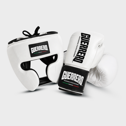Kit de sparring PRO: guantes y protector de cabeza Full Guard blancos de cuero genuino | Guerrero