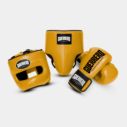Guantoni Titan Più Caschetto Max Vision e Conchiglia Protettiva Oro in vera pelle | Guerrero