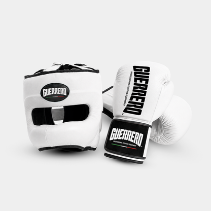 Sparring Kit Guantoni PRO Più Caschetto Face Shield Bianco in vera pelle | Guerrero