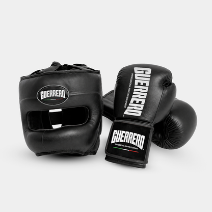 Sparring Kit Guantoni PRO Più Caschetto Max Vision Nero in vera pelle | Guerrero