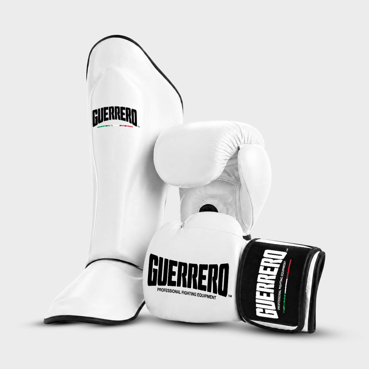 Sparring Kit PRO Gloves Plus Impact Shin Guards in White Genuine Leather | Guerrero™