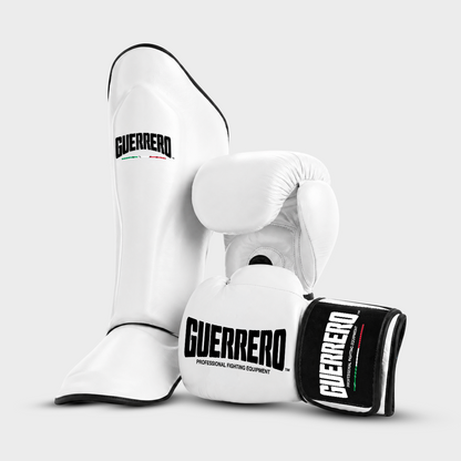 Sparring Kit PRO Gloves Plus Impact Shin Guards in White Genuine Leather | Guerrero™
