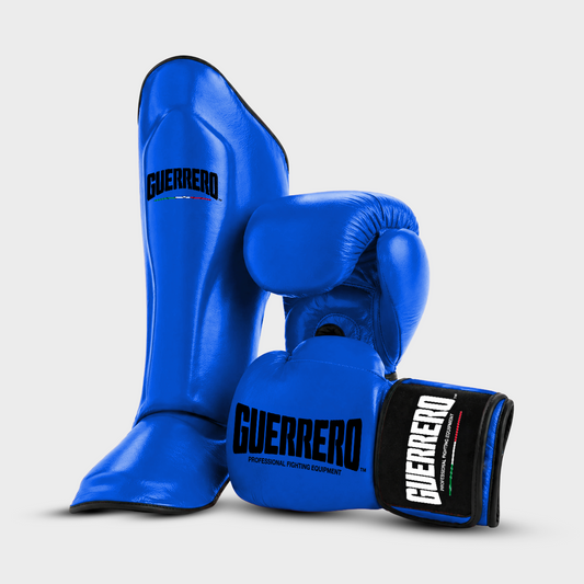 Sparring Kit Guantoni PRO Più Paratibie Impact Blu in Vera Pelle | Guerrero™