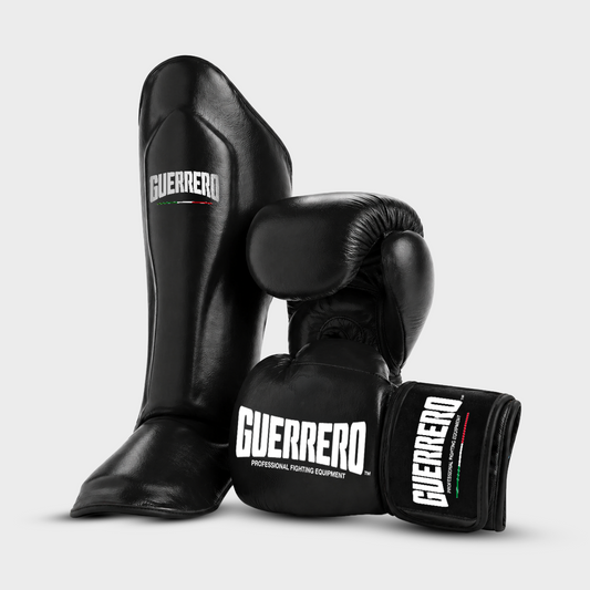 Sparring Kit Guantoni PRO Più Paratibie Impact Neri in Vera Pelle | Guerrero™