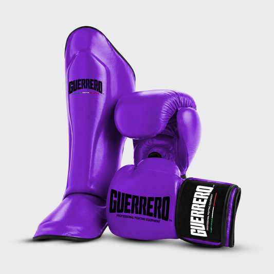 Sparring Kit Guantoni PRO Più Paratibie Impact Viola in Vera Pelle | Guerrero™