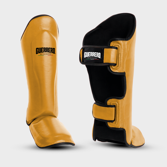 Espinilleras Impact Combat de cuero auténtico amarillo | Guerrero™