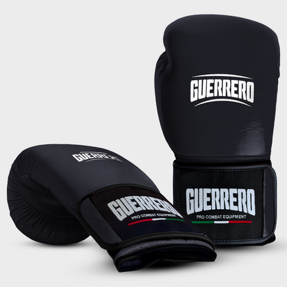 Guerrero™ Black Genuine Leather Muay Thai Kickboxing Gloves