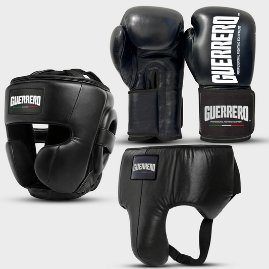 Sparring Kit Guantoni Titan Black Edges Più Caschetto Full Guard E Conchiglia Protettiva Neri in vera pelle | Guerrero