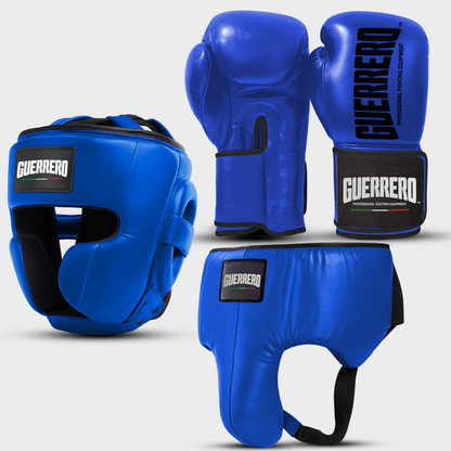Sparring Kit Guantoni Titan Black Edges Più Caschetto Full Guard E Conchiglia Protettiva Blu in vera pelle antiodore | Guerrero