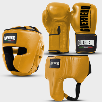 Sparring Kit Guantoni Titan Black Edges Più Caschetto Full Guard E Conchiglia Protettiva Oro in vera pelle | Guerrero