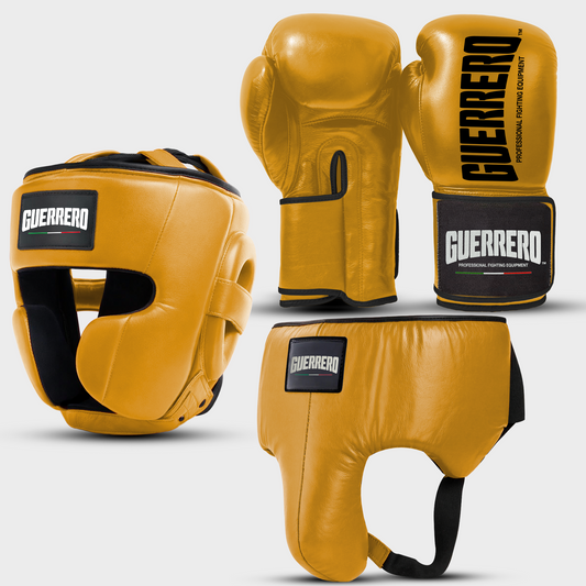 Sparring Kit Guantoni Titan Black Edges Più Caschetto Full Guard E Conchiglia Protettiva Oro in vera pelle | Guerrero
