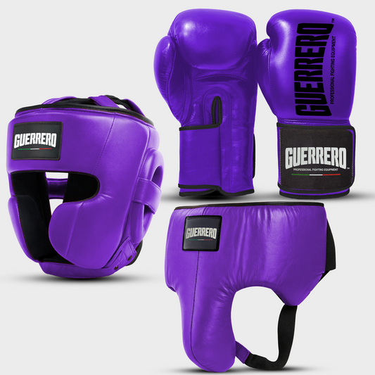 Sparring Kit Guantoni Titan Black Edges Più Caschetto Full Guard E Conchiglia Protettiva Viola in vera pelle | Guerrero