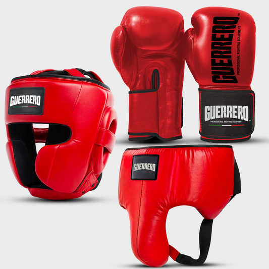 Sparring Kit Guantoni Titan Black Edges Più Caschetto Full Guard E Conchiglia Protettiva Rossi in vera pelle | Guerrero