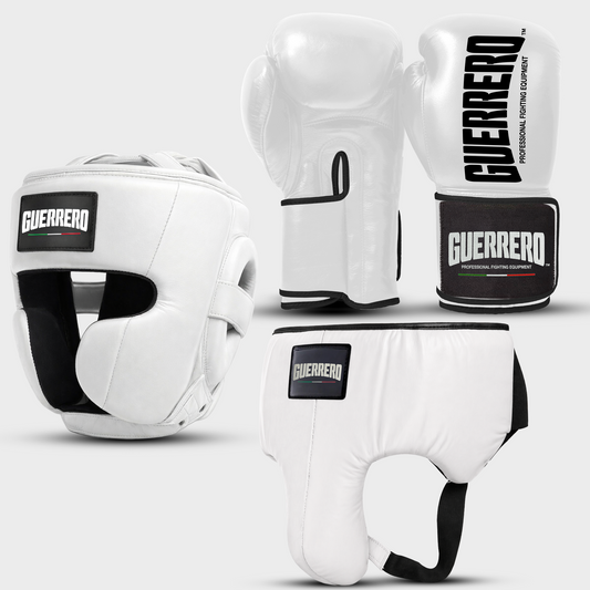 Sparring Kit Guantoni Titan Black Edges Più Caschetto Full Guard E Conchiglia Protettiva Bianchi in vera pelle | Guerrero