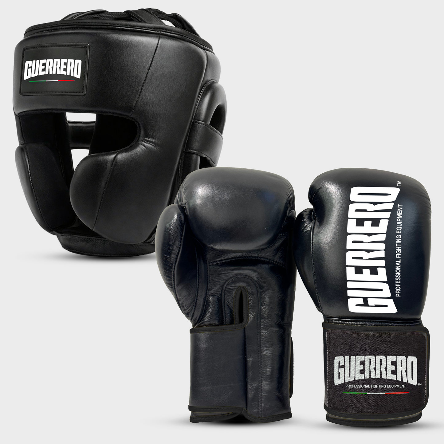 Sparring Kit Guantoni Titan Black Edges più Caschetto Full Guard Neri in vera pelle | Guerrero