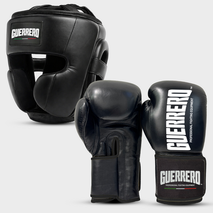 Sparring Kit Guantoni Titan Black Edges più Caschetto Full Guard Neri in vera pelle | Guerrero