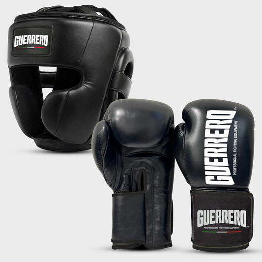 Sparring Kit Guantoni Titan Black Edges più Caschetto Full Guard Neri in vera pelle | Guerrero