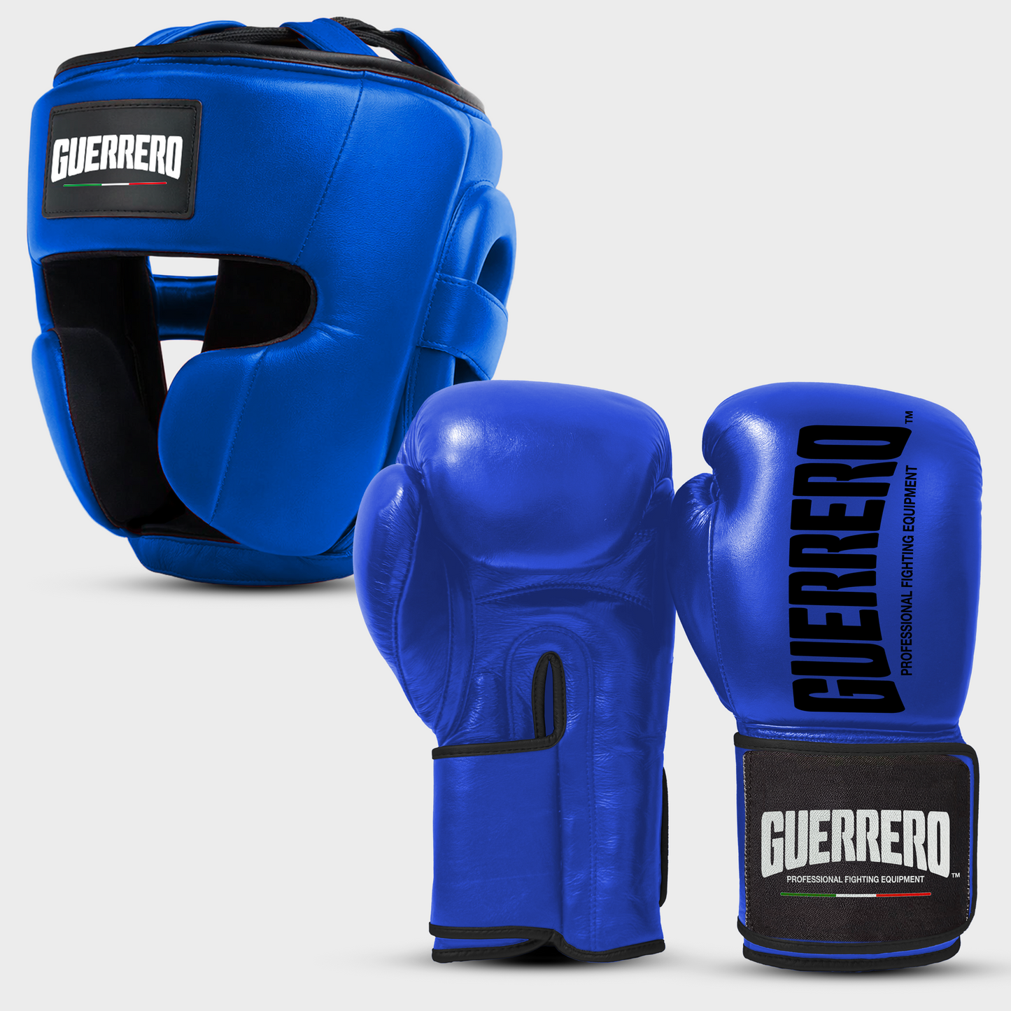 Sparring Kit Guantoni Titan Black Edges più Caschetto Full Guard Blu in vera pelle | Guerrero