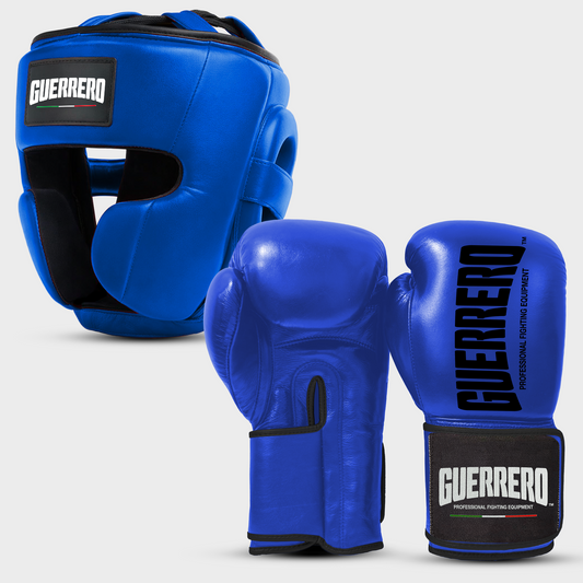 Sparring Kit Guantoni Titan Black Edges più Caschetto Full Guard Blu in vera pelle | Guerrero