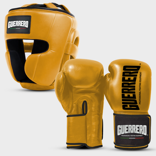 Sparring Kit Guantoni Titan Black Edges Più Caschetto Full Guard Oro in vera pelle | Guerrero