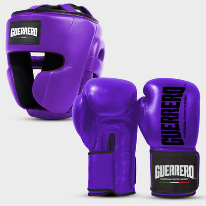 Sparring Kit Guantoni Titan Black Edges Più Caschetto Full Guard Viola in vera pelle | Guerrero