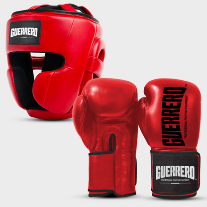 Sparring Kit Guantoni Titan Black Edges Più Caschetto Full Guard Rossi in vera pelle | Guerrero