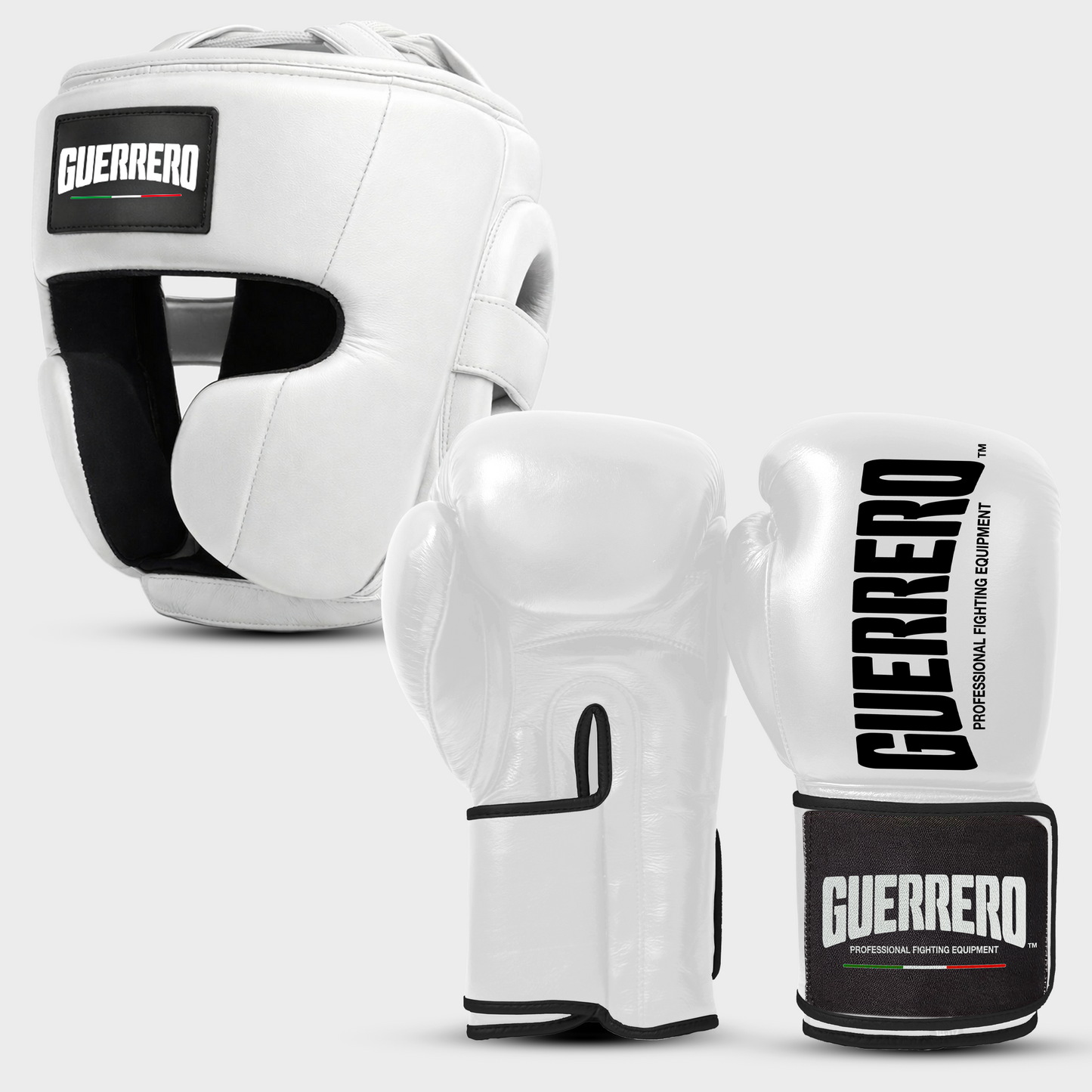 Sparring-Set Titan Black Edges Handschuhe plus Vollschutz mit weißem Kopfschutz aus echtem Leder | Guerrero