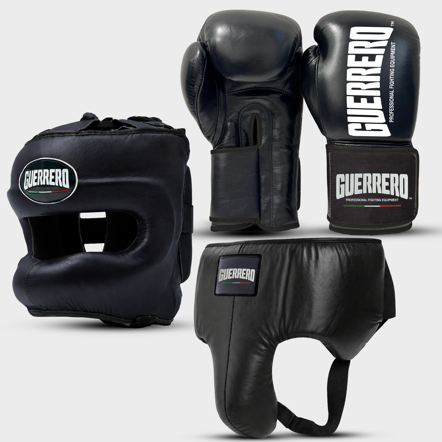 Sparring Kit Guantoni Titan Black Edges Più Caschetto Max Vision e Conchiglia Protettiva Neri in vera pelle | Guerrero