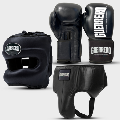 Sparring Kit Guantoni Titan Black Edges Più Caschetto Max Vision e Conchiglia Protettiva Neri in vera pelle | Guerrero