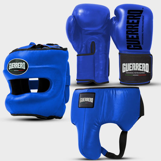 Sparring Kit Guantoni Titan Black Edges Più Caschetto Max Vision e Conchiglia Protettiva blu in vera pelle | Guerrero