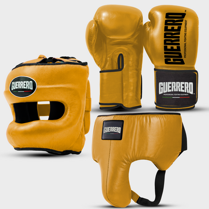 Sparring Kit Guantoni Titan Black Edges Più Caschetto Max Vision e Conchiglia Protettiva Oro in vera pelle | Guerrero