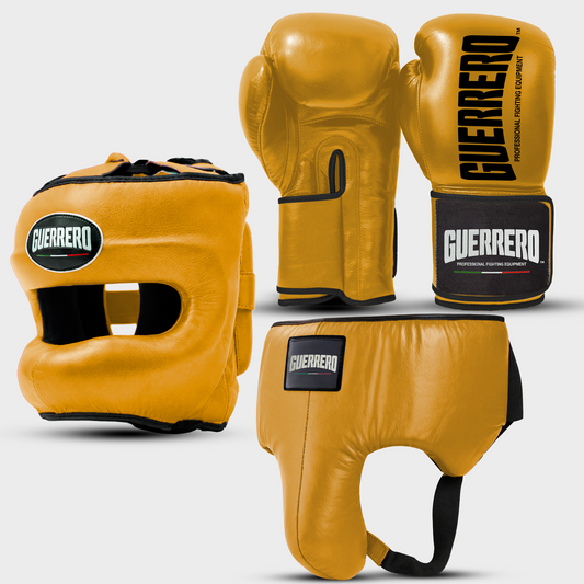 Sparring Kit Guantoni Titan Black Edges Più Caschetto Max Vision e Conchiglia Protettiva Oro in vera pelle | Guerrero