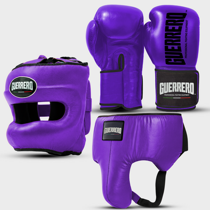 Sparring Kit Guantoni Titan Black Edges Più Caschetto Max Vision e Conchiglia Protettiva Viola in vera pelle | Guerrero