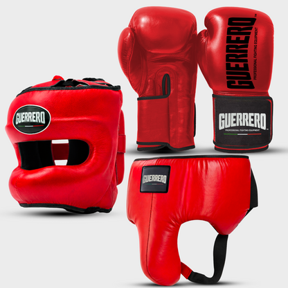 Sparring Kit Guantoni Titan Black Edges Più Caschetto Max Vision e Conchiglia Protettiva Rossi in vera pelle antiodore | Guerrero
