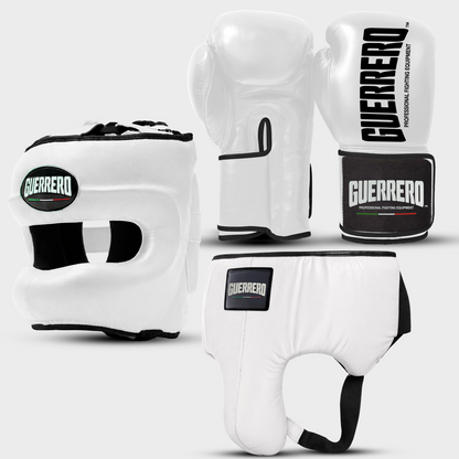 Sparring Kit Guantoni Titan Black Edges Più Caschetto Max Vision e Conchiglia Protettiva Bianchi in vera pelle | Guerrero
