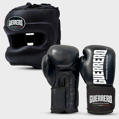 Sparring-Set Titan Black Edges Handschuhe plus Max Vision Kopfschutz aus schwarzem Echtleder | Guerrero