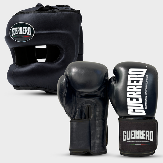 Sparring Kit Guantoni Titan Black Edges Più Caschetto Max Vision Neri in vera pelle | Guerrero