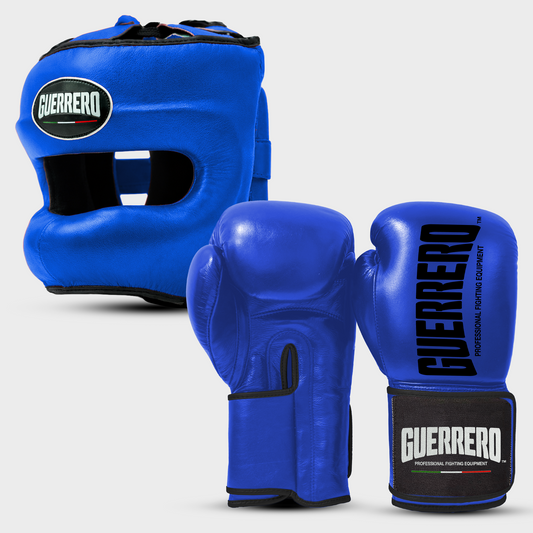 Sparring Kit Guantoni Titan Black Edges Più Caschetto Max Vision Blu in vera pelle | Guerrero