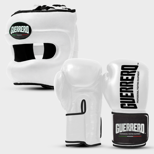 Sparring Kit Guantoni Titan Black Edges Più Caschetto Max Vision Bianchi in vera pelle | Guerrero