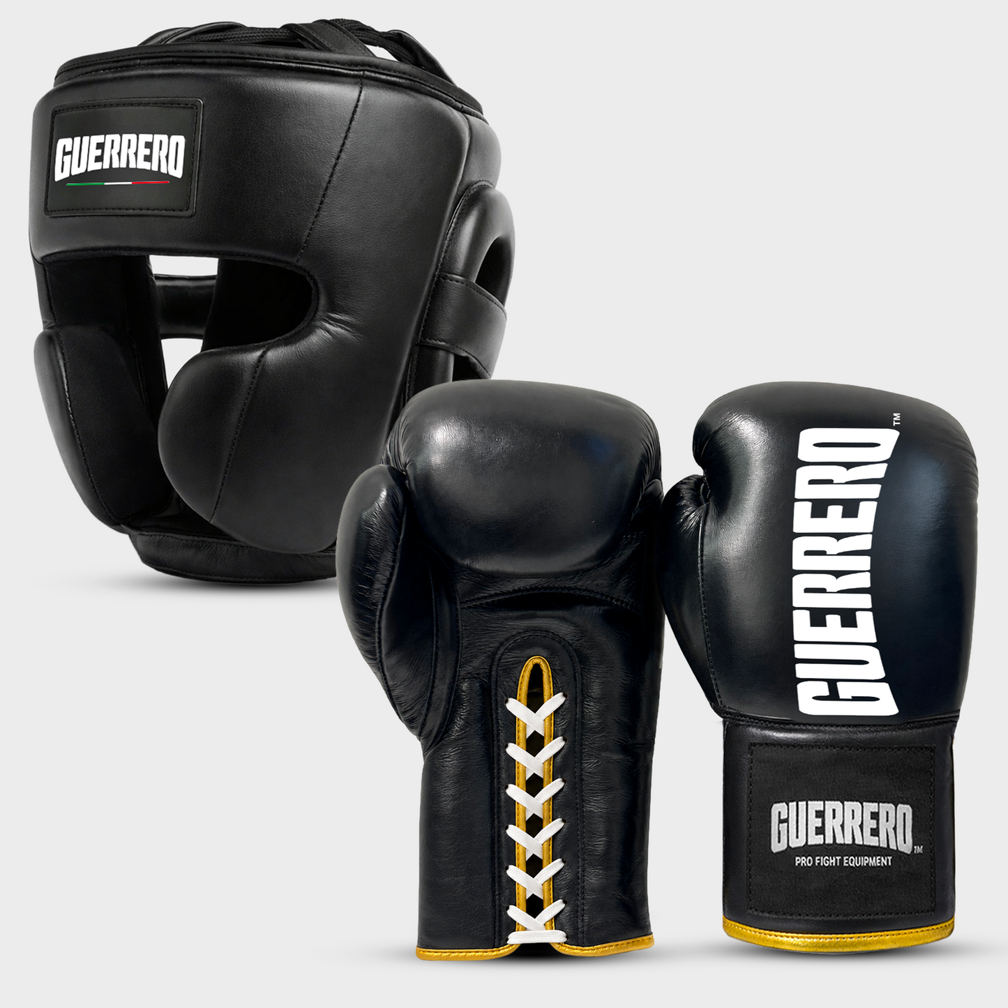 Sparring Kit Guantoni Titan Laces più Caschetto Full Guard Neri in vera pelle | Guerrero