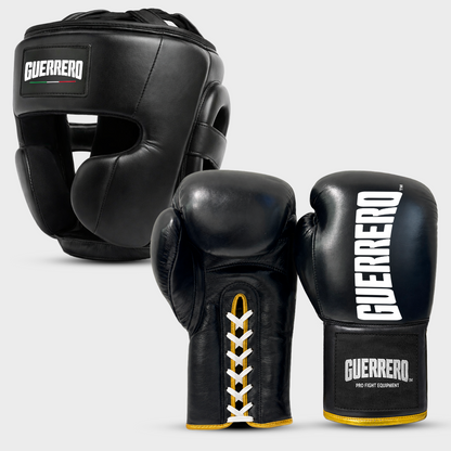 Sparring Kit Guantoni Titan Laces più Caschetto Full Guard Neri in vera pelle | Guerrero