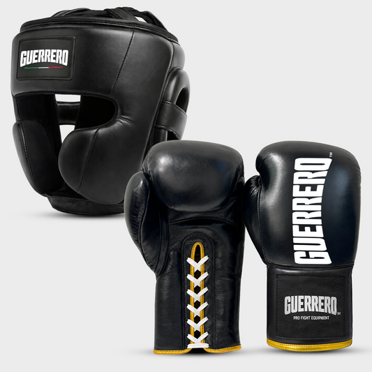 Sparring Kit Guantoni Titan Laces più Caschetto Full Guard Neri in vera pelle | Guerrero