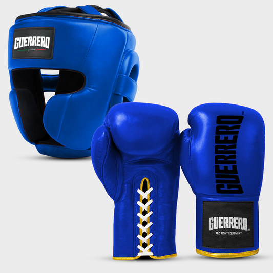 Sparring Kit Guantoni Titan Laces più Caschetto Full Guard Blu in vera pelle | Guerrero