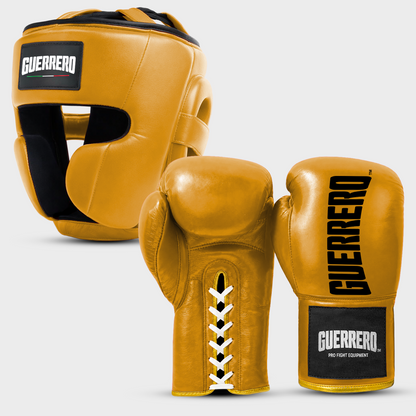 Sparring Kit Guantoni Titan Laces più Caschetto Full Guard Oro in vera pelle antiodore | Guerrero